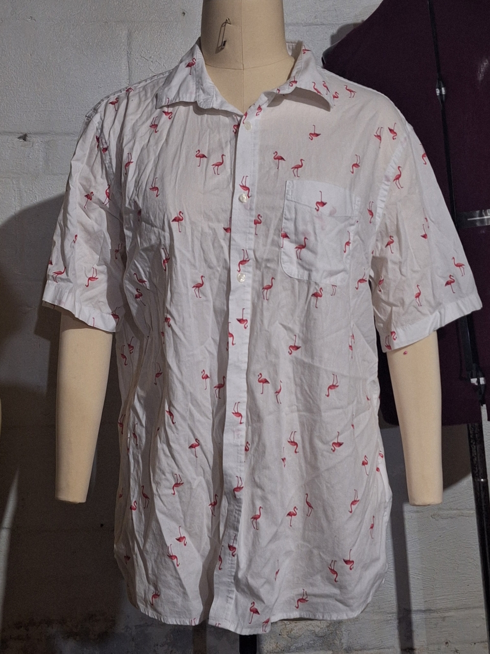 Old Navy White Short-Sleeve Button-Down Shirt with Pink Flamingo Print